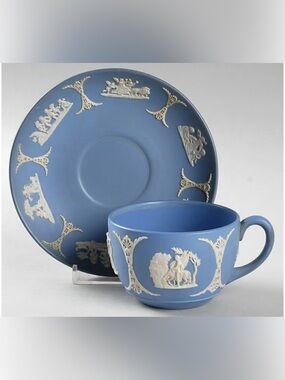 Vtg 1953 WEDGEWOOD Blue Jasperware-Style Decorative Cup and Saucer Set #05012510
